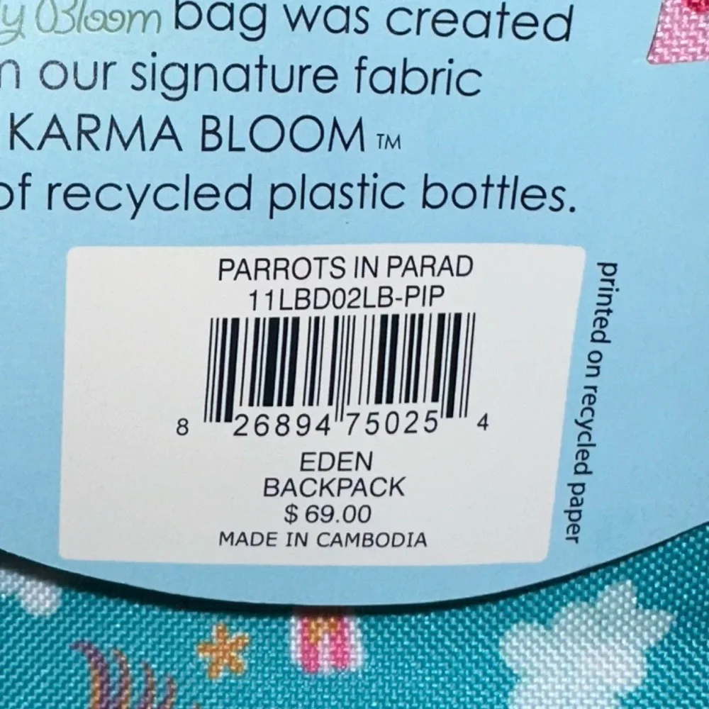 LILY BLOOM‎ Karma Recycled Plastic Eden Backpack “Parrots in Paradise” $69 MSRP